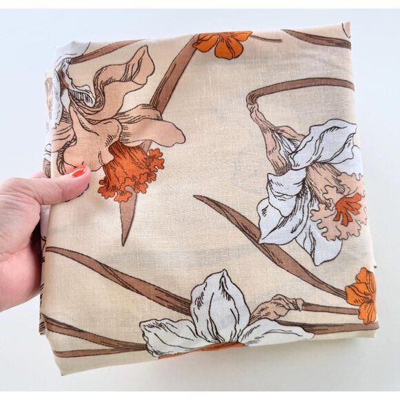 Vintage 70s bedsheet, your choice: flat or fitted; orange, white brown daffodil - Picture 1 of 10